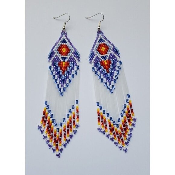 Beaded Bohemian Dangle Earrings With Southwestern Geometric Design & Fringe - Picture 1 of 2